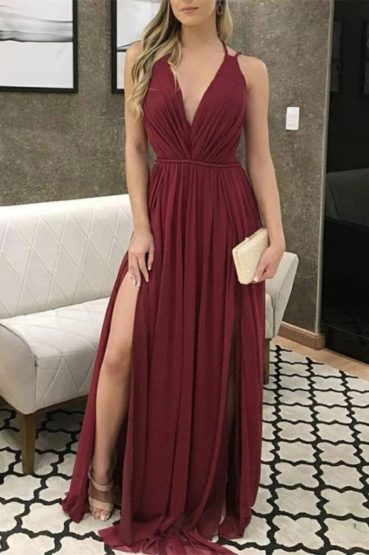 Burgundy Chiffon Prom Dress With V-Neck and Slit