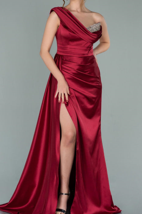 Burgundy Elegant One-Shoulder V-Neck Mermaid Prom Dress with Split and Sequins