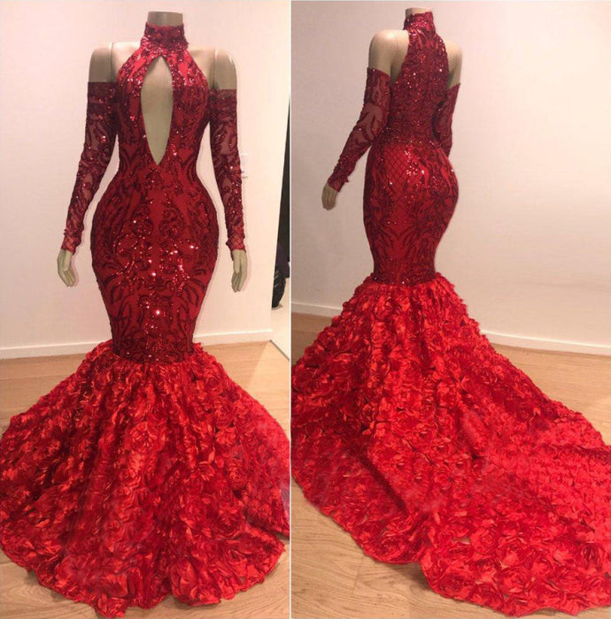 Burgundy High Collar Long Sleeve Sequined Mermaid Prom Dress