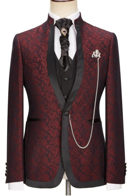 Tate Newest Burgundy Jacquard Shawl Lapel Three Pieces Wedding Suits