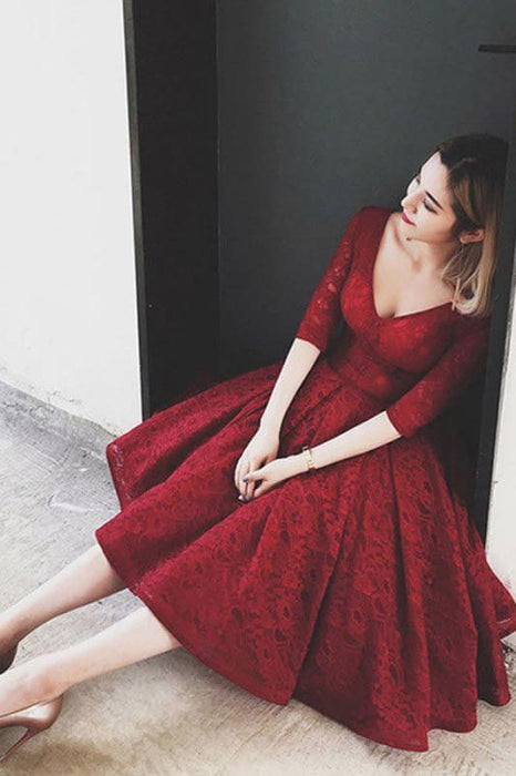 Burgundy Lace V-neck Homecoming Dress Half Sleeve V Neck Short Prom Dresses - Prom Dresses