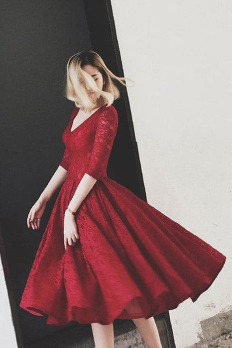 Burgundy Lace V-neck Homecoming Dress Half Sleeve V Neck Short Prom Dresses - Prom Dresses