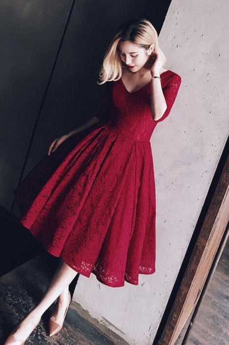 Burgundy Lace V-neck Homecoming Dress Half Sleeve V Neck Short Prom Dresses - Prom Dresses