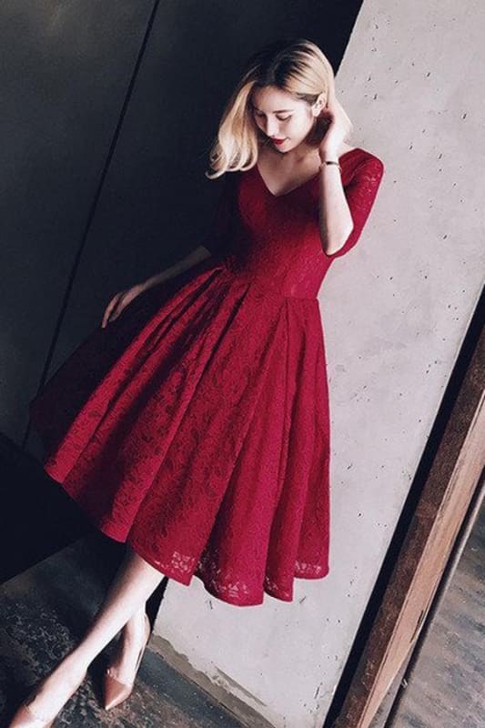 Burgundy Lace V-neck Homecoming Dress Half Sleeve V Neck Short Prom Dresses - Prom Dresses