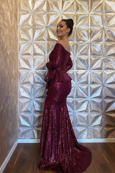 Burgundy Long Sleeve Sequined Mermaid Evening Dress with Split