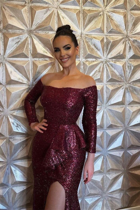 Burgundy Long Sleeve Sequined Mermaid Evening Dress with Split