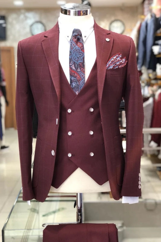 Rudolf Burgundy Notched Lapel Three Pieces Bespoke Plaid Business Suits