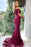 Burgundy Off-the-Shoulder Short Sleeve Appliqued Mermaid Prom Dress