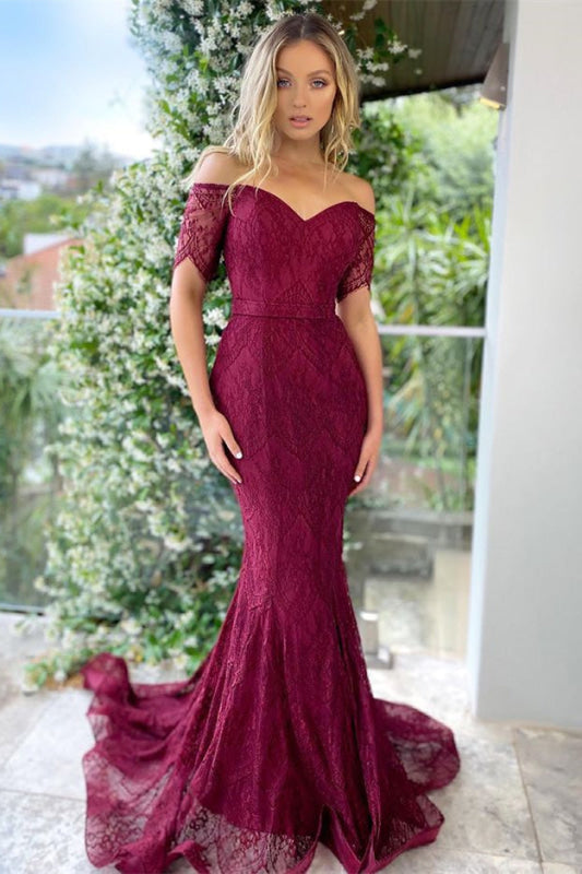 Burgundy Off-the-Shoulder Short Sleeve Appliqued Mermaid Prom Dress