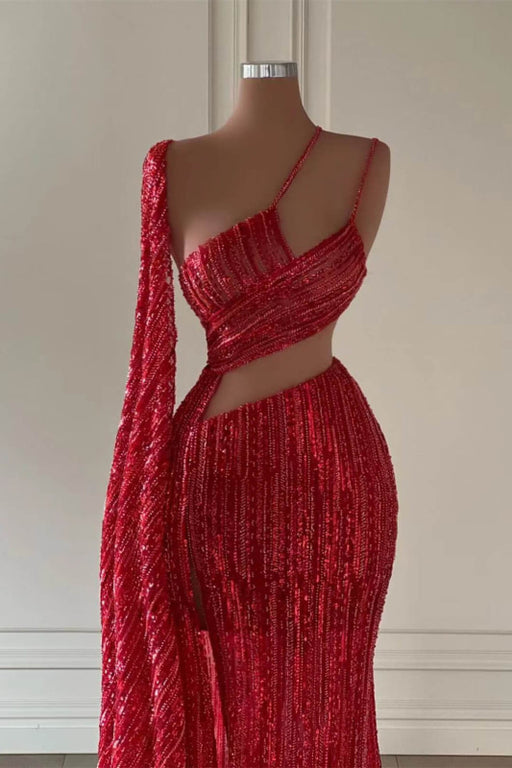 Burgundy Sequined Mermaid Prom Dress with Split and Long Ruffles