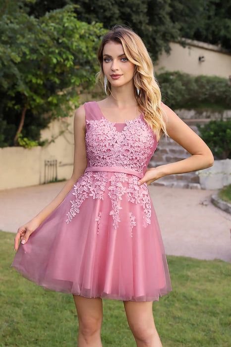 Burgundy Short Formal Gown Lace Applique V Neck Homecoming Dresses - Dusty Rose / US 2 - Prom Dresses