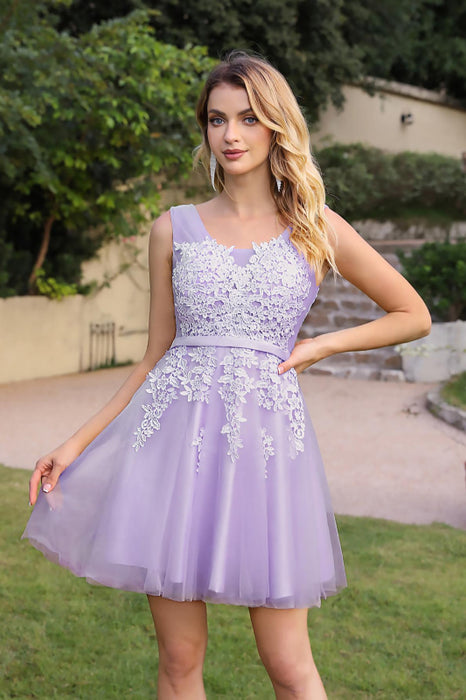 Burgundy Short Formal Gown Lace Applique V Neck Homecoming Dresses - Lilac / US 2 - Prom Dresses