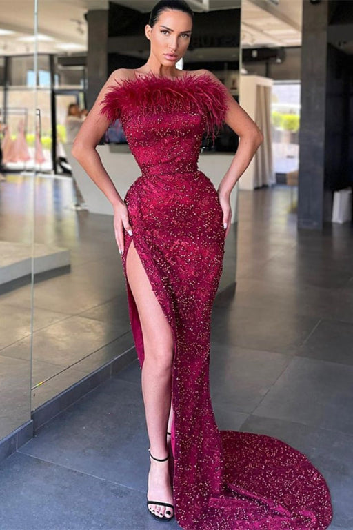 Burgundy Sleeveless Beaded Mermaid Prom Dress with Feather and Split