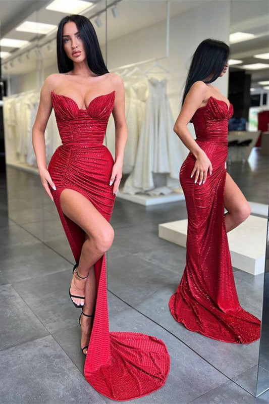 Burgundy Sleeveless Long Sequined Mermaid Prom Dress with Split