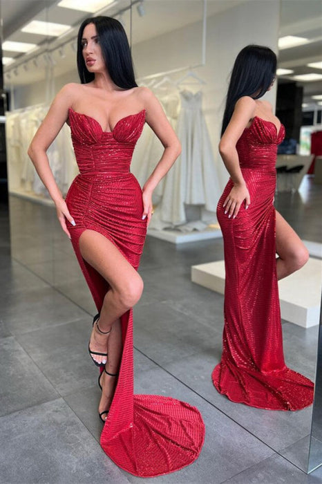 Burgundy Sleeveless Long Sequined Mermaid Prom Dress with Split