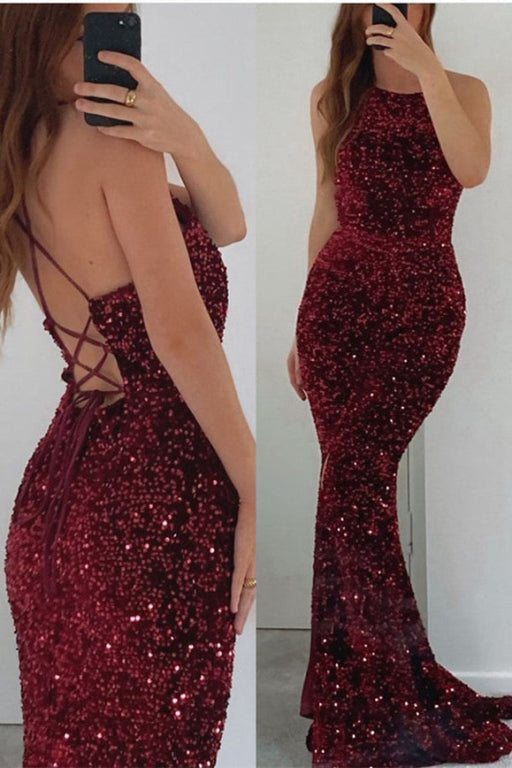 Burgundy Sleeveless Sequined Mermaid Prom Dress