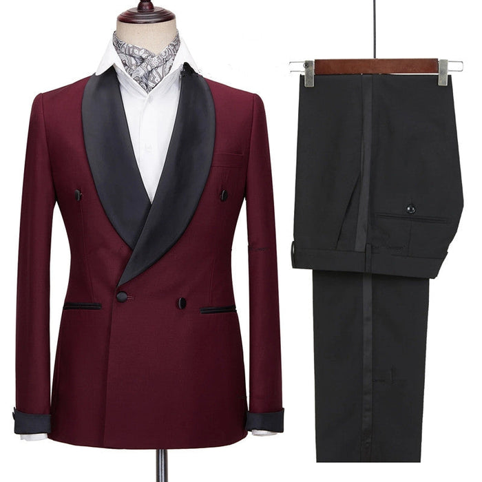 Addison Burgundy Slim Wedding Suits With Black Shawl Lapel