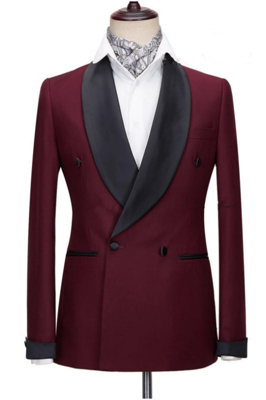 Addison Burgundy Slim Wedding Suits With Black Shawl Lapel