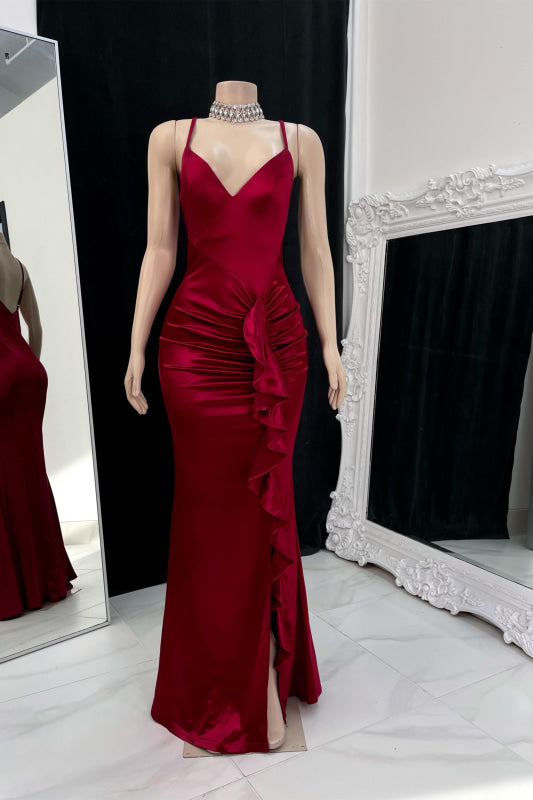 Burgundy Spaghetti Strap Pleated Prom Dress with Sleeveless and Side Slit