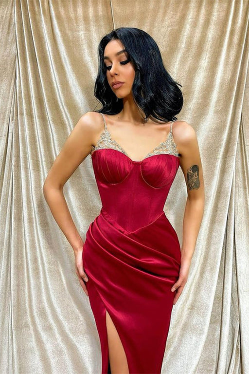 Burgundy Spaghetti-Straps Beaded Front Split Mermaid Evening Dress