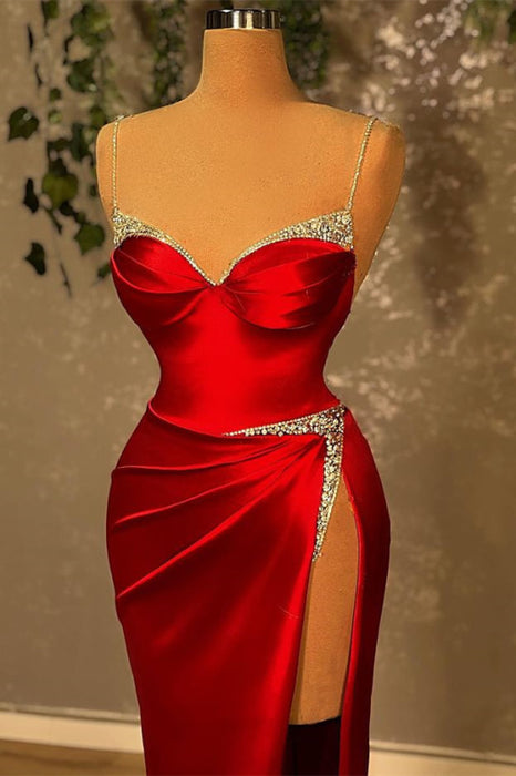 Burgundy Spaghetti-Straps Mermaid Prom Dress with Split and Beadings