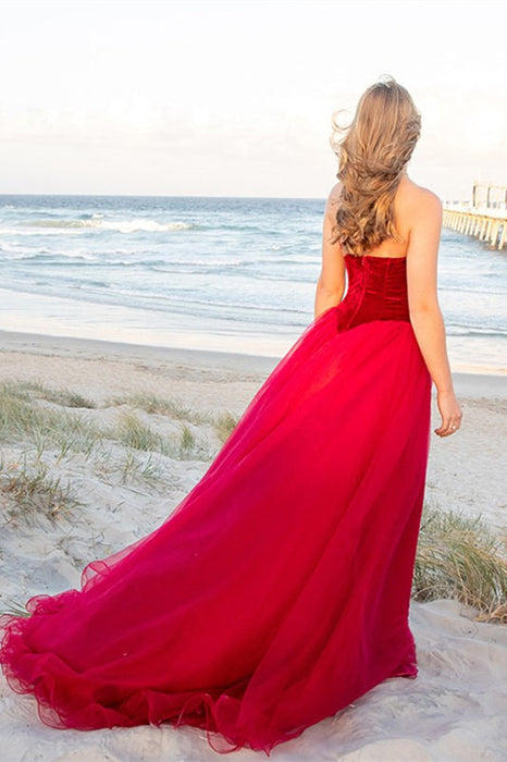 Burgundy Tulle V-Neck Prom Dress Velvet