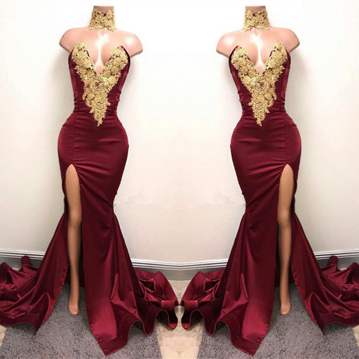 Burgundy V-Neck Mermaid Prom Dress with Split and Lace Appliques