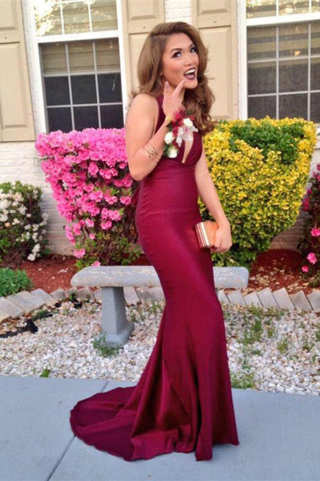 Burgundy V-Neck Sleeveless Prom Dress