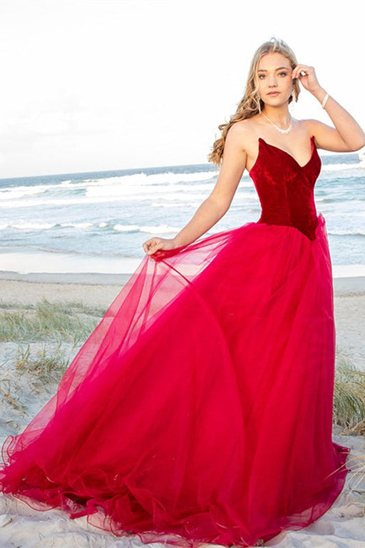 Burgundy Velvet V-Neck Tulle Prom Dress