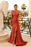 Burnt Orange Long Ruffles One-Shoulder Mermaid Prom Dress with Feather Split