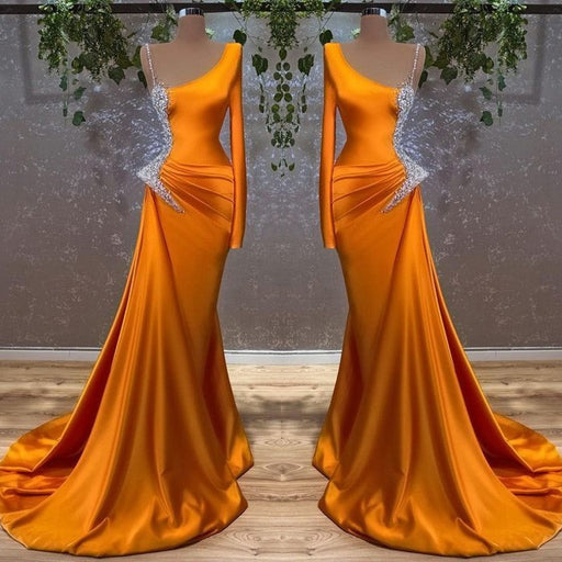 Burnt Orange Long Sleeves Mermaid Prom Dress with Beads