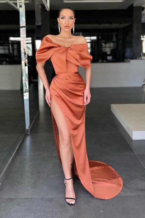 Burnt Orange Off-the-Shoulder Mermaid Prom Dress with Split