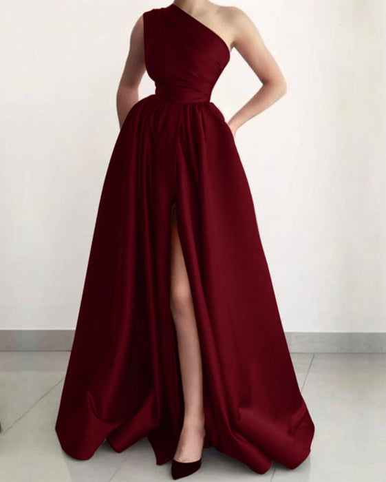 Burnt Orange One Shoulder Elegant Prom Dress A-Line Split with Pockets