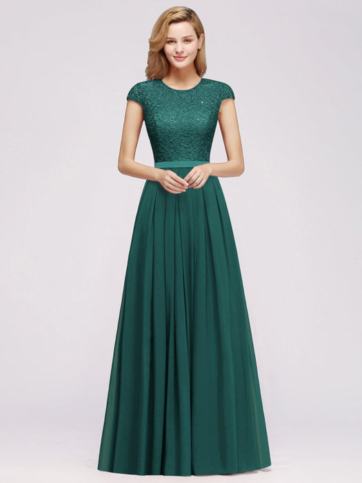 Cap Sleeves Aline Bridesmaid Dress Floral Lace Chiffon Long Wedding Guest Dress - Prom Dresses