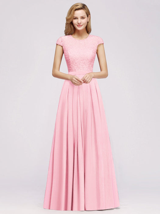 Cap Sleeves Aline Bridesmaid Dress Floral Lace Chiffon Long Wedding Guest Dress - Prom Dresses