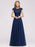 Cap Sleeves Aline Bridesmaid Dress Floral Lace Chiffon Long Wedding Guest Dress - Navy Blue / US 2 - Prom Dresses