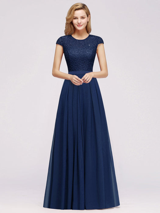 Cap Sleeves Aline Bridesmaid Dress Floral Lace Chiffon Long Wedding Guest Dress - Navy Blue / US 2 - Prom Dresses