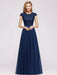 Cap Sleeves Aline Bridesmaid Dress Floral Lace Chiffon Long Wedding Guest Dress - Navy Blue / US 2 - Prom Dresses
