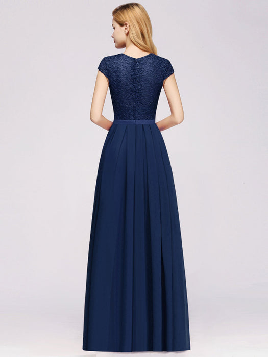 Cap Sleeves Aline Bridesmaid Dress Floral Lace Chiffon Long Wedding Guest Dress - Prom Dresses