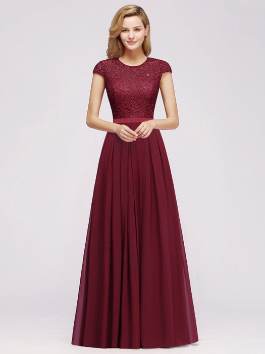 Cap Sleeves Aline Bridesmaid Dress Floral Lace Chiffon Long Wedding Guest Dress - Burgundy / US 2 - Prom Dresses