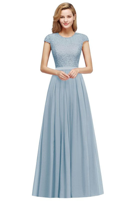 Cap Sleeves Aline Bridesmaid Dress Floral Lace Chiffon Long Wedding Guest Dress - Dusty Blue / US 2 - Prom Dresses