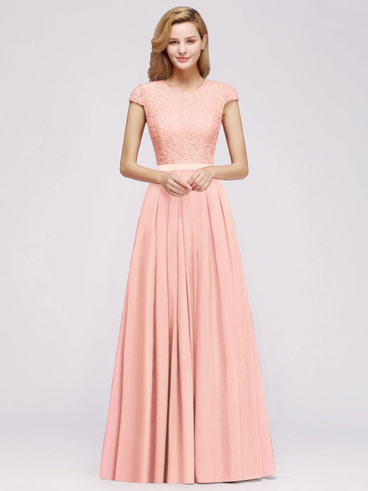 Cap Sleeves Aline Bridesmaid Dress Floral Lace Chiffon Long Wedding Guest Dress - Candy Pink / US 2 - Prom Dresses