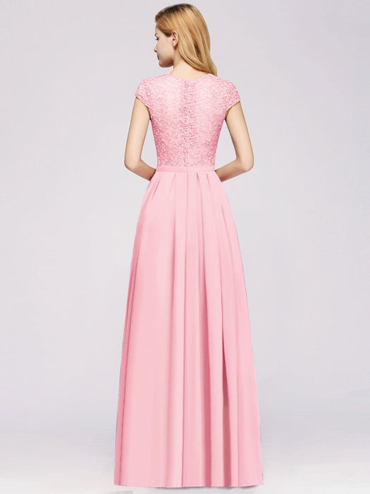 Cap Sleeves Aline Bridesmaid Dress Floral Lace Chiffon Long Wedding Guest Dress - Prom Dresses