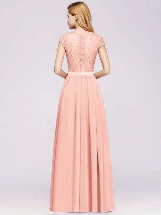 Cap Sleeves Aline Bridesmaid Dress Floral Lace Chiffon Long Wedding Guest Dress - Prom Dresses