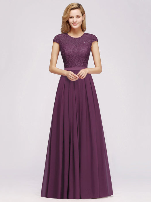 Cap Sleeves Aline Bridesmaid Dress Floral Lace Chiffon Long Wedding Guest Dress - Grape / US 2 - Prom Dresses