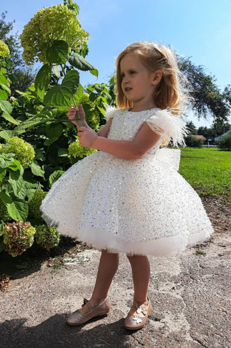 Cap Sleeves Tulle Sequins Flower Girl Dress Crew Neck Beadings Girl Party Dress Ball Gown with Bow - White / 4 Y - Prom Dresses