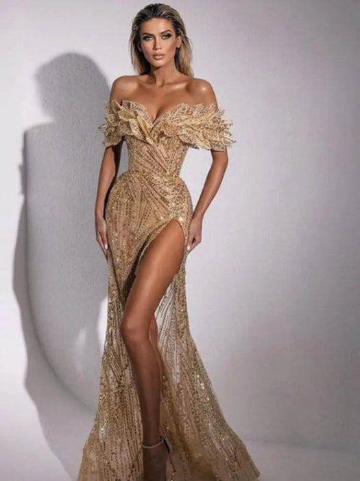 Champagne Glitter Sequin Side Slit Off Shoulder Mermaid Prom Gown