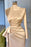 Champagne High Neck Long Sleeve Mermaid Prom Dress with Split