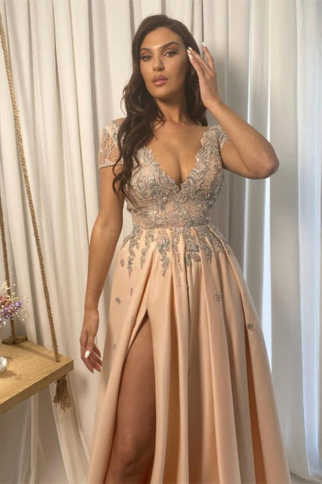 Champagne Lace V-Neck Applique With Split Prom Dress