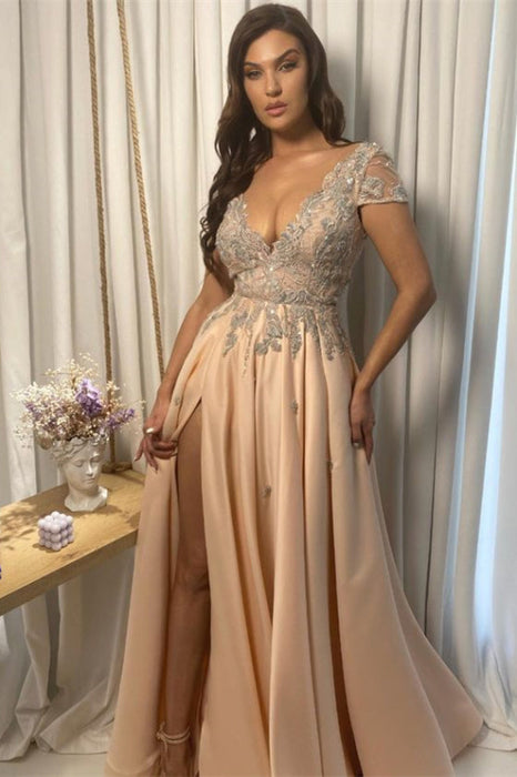 Champagne Lace V-Neck Applique With Split Prom Dress